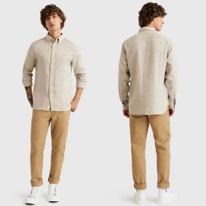 Tommy Hilfiger Premium Linen Button Down Shirt In Stone Size S